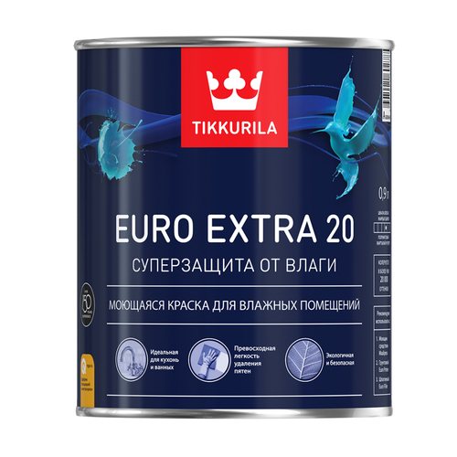 Краска ВД EURO EXTRA 20 для влажных пом. моющаяся, база С 0,9 л Тиккурила