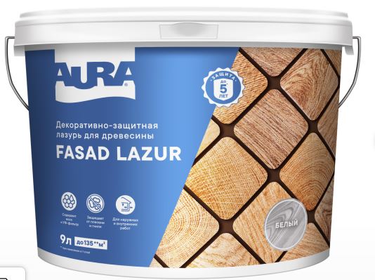 Декоративно-защитная лазурь для древесины "Fasad Lazur" 9л белая AURA