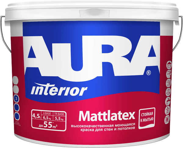 Краска моющаяся для стен и потолков "AURA MATTLATEX" 4,5л TR