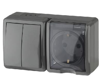 Блок 2 кл 1 гн с/з гориз 16А IP54 серый накл/у, Эксперт Эра