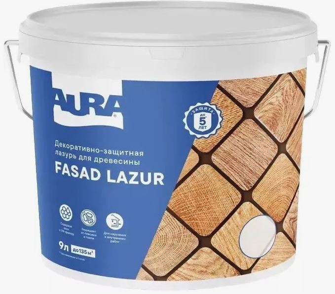 Декоративно-защитная лазурь для древесины "Fasad Lazur" 9л бесцветная AURA
