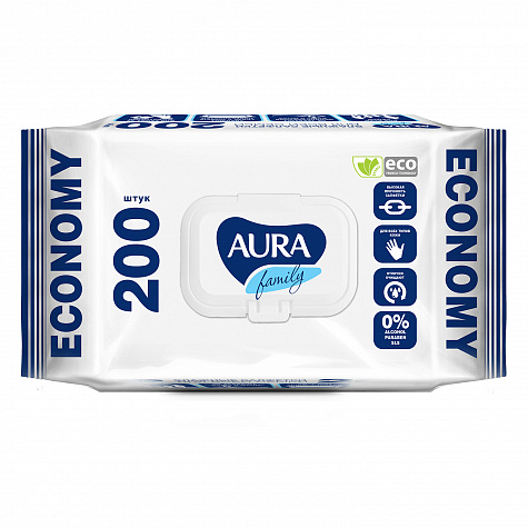 Салфетки влажные Aura Family 200шт Гипоаллергенные с крышкой