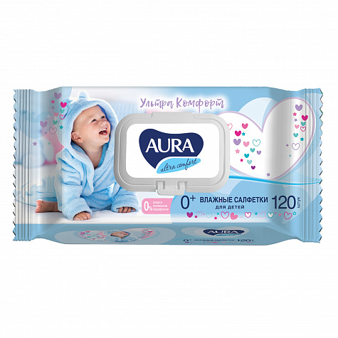 Салфетки влажные Aura UltraComfort 120шт для детей с крышкой
