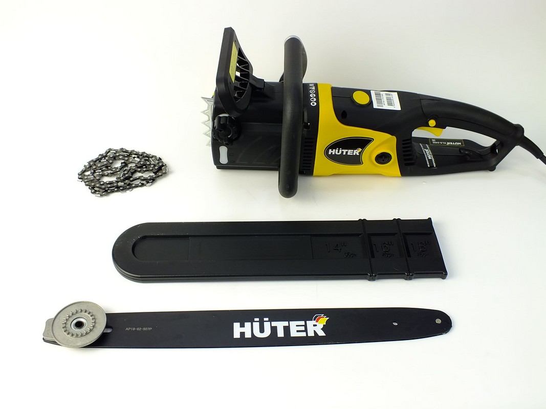 Электрическая цепная пила HUTER Сеть ELS-2400, 2 400 Вт, Скорость цепи 14 м/сек, шина 45 см., шаг цепи 3/8'', Паз шины 1,3 мм. 70/10/2