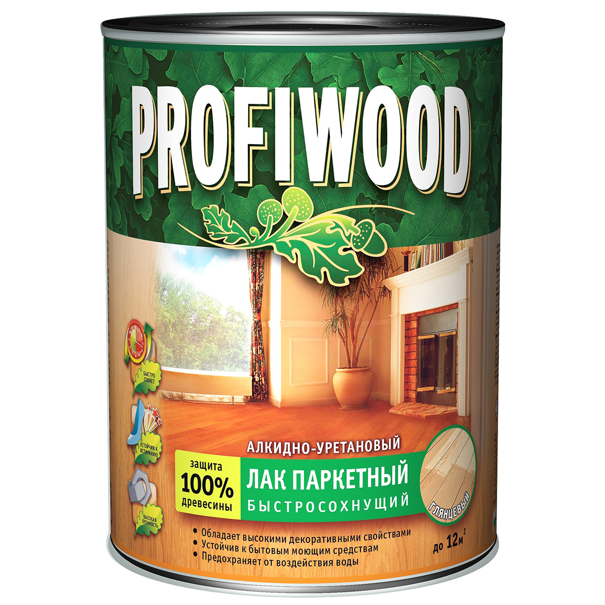 Лак паркетный быстросохнущий алкидно-уретановый глянцевый 2.4кг. PROFIWOOD