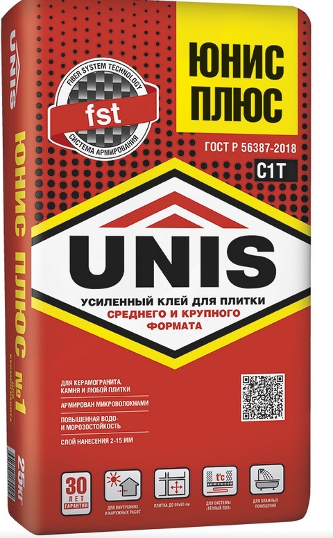 Клей для плитки Плюс 25кг, C1 TE, Unis