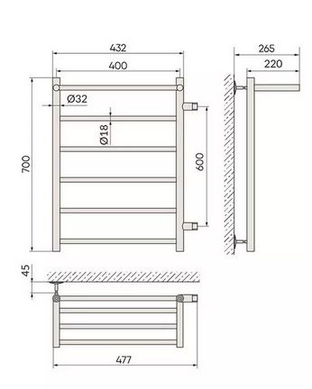 Полотенцесушитель водяной лесенка Line с 1 полочкой, хром, 1', 700*400, бок. подкл. 600, INDIGO
